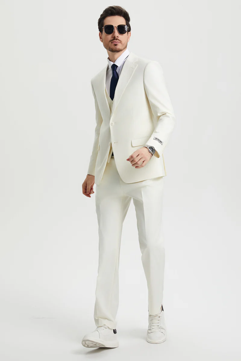 Men's Two Button Vested Stacy Adams Basic Designer Suit in Ivory Off White - Image 2