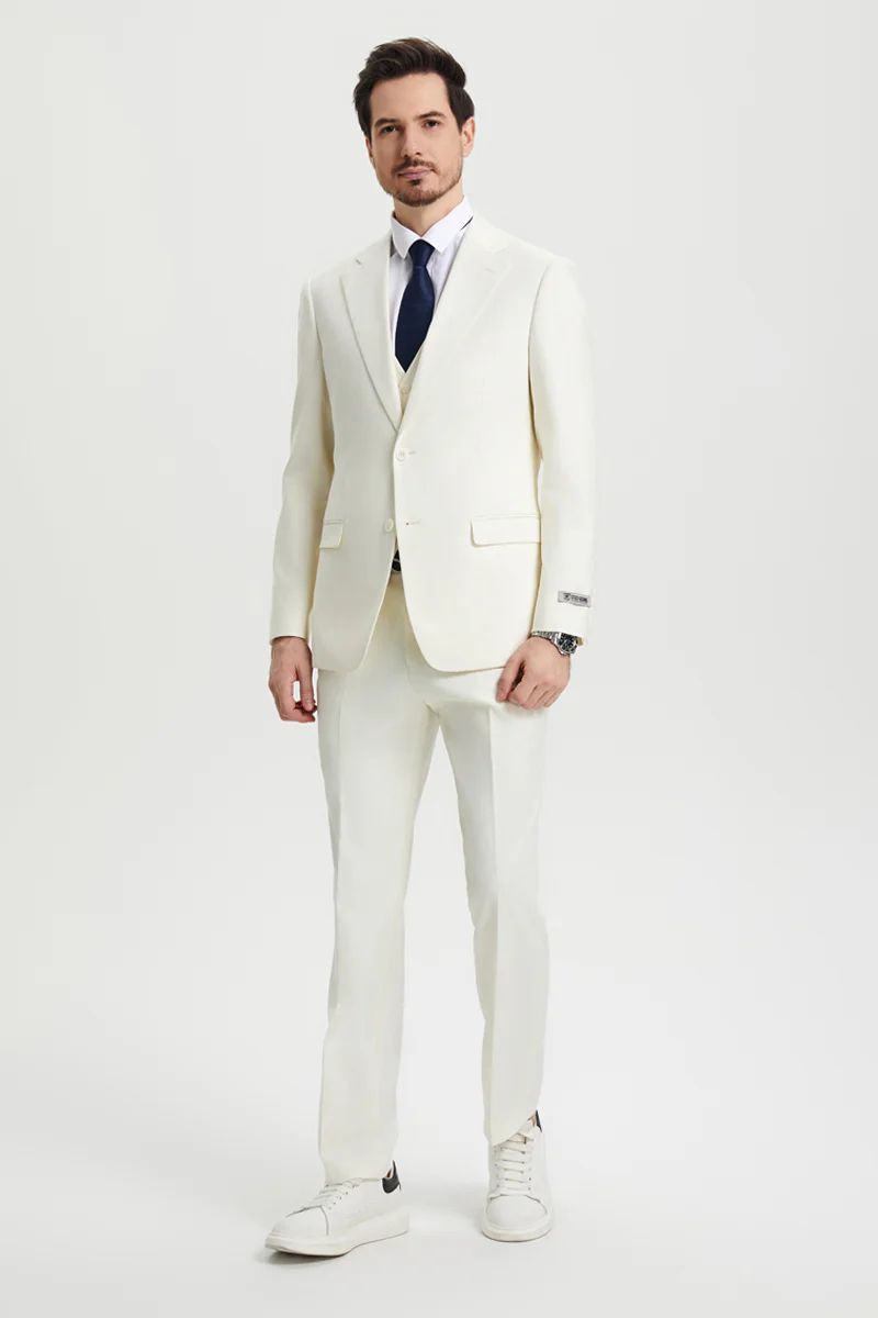 Men's Two Button Vested Stacy Adams Basic Designer Suit in Ivory Off White - Image 3
