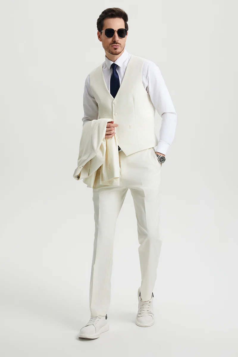 Men's Two Button Vested Stacy Adams Basic Designer Suit in Ivory Off White - Image 4