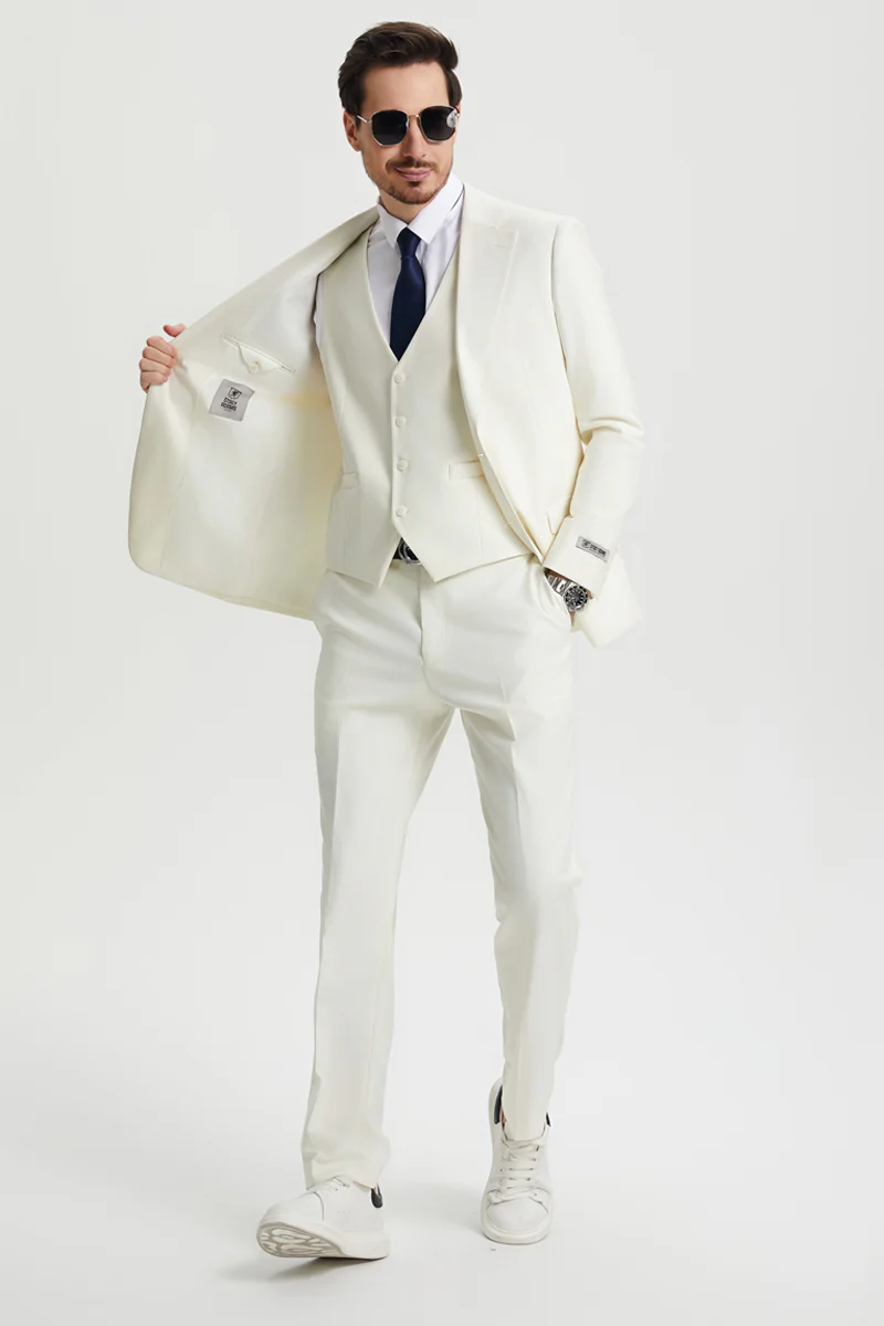 Men's Two Button Vested Stacy Adams Basic Designer Suit in Ivory Off White - Image 5