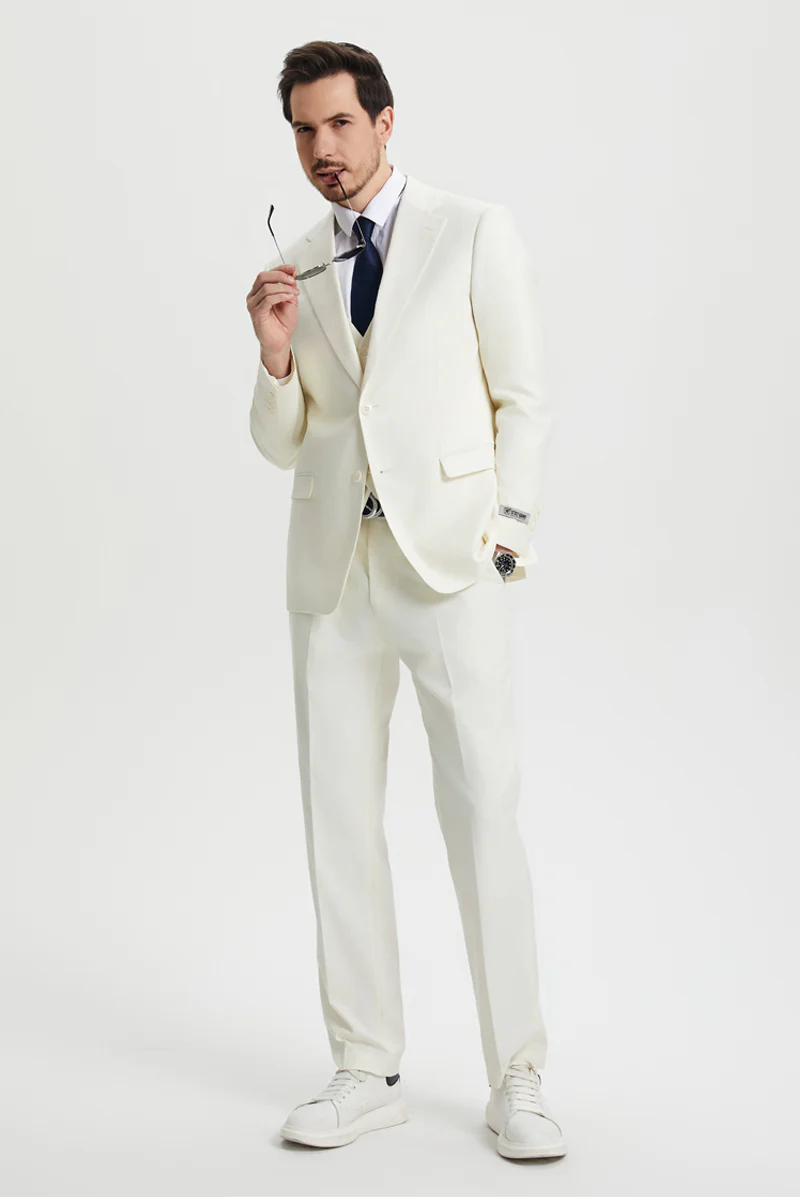 Men's Two Button Vested Stacy Adams Basic Designer Suit in Ivory Off White - Image 6