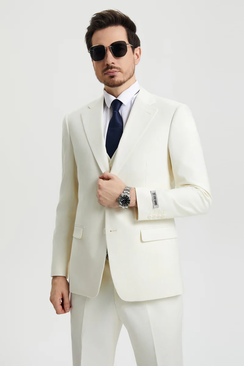 Men's Two Button Vested Stacy Adams Basic Designer Suit in Ivory Off White - Image 7
