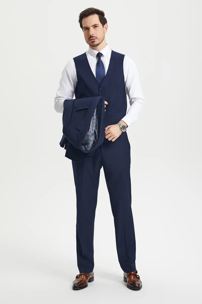 Men's Two Button Vested Stacy Adams Basic Designer Suit in Navy Blue - Image 4