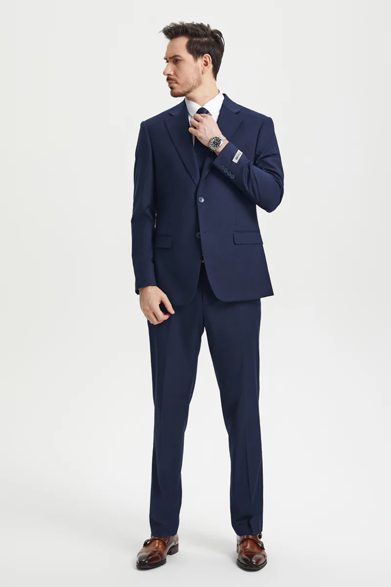 Men's Two Button Vested Stacy Adams Basic Designer Suit in Navy Blue - Image 5