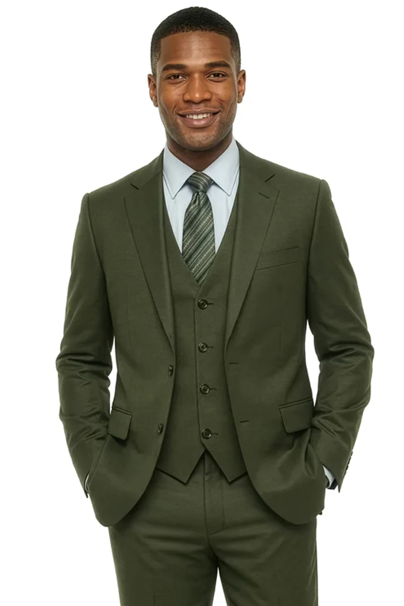 Men's Two Button Vested Stacy Adams Basic Designer Suit in Olive Green