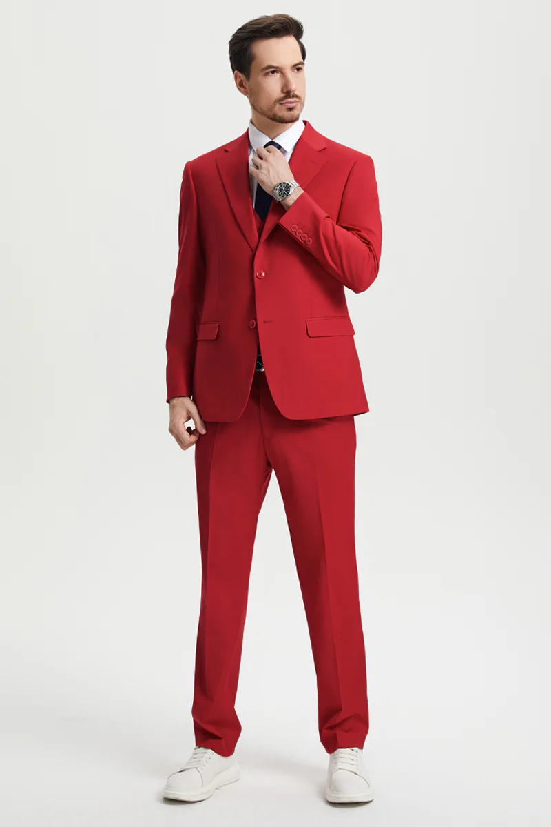 Men's Two Button Vested Stacy Adams Basic Designer Suit in Red - Image 3