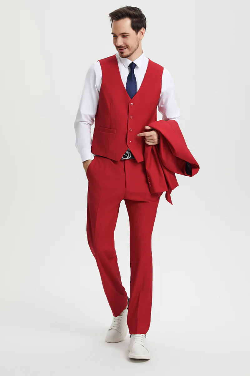Men's Two Button Vested Stacy Adams Basic Designer Suit in Red - Image 5