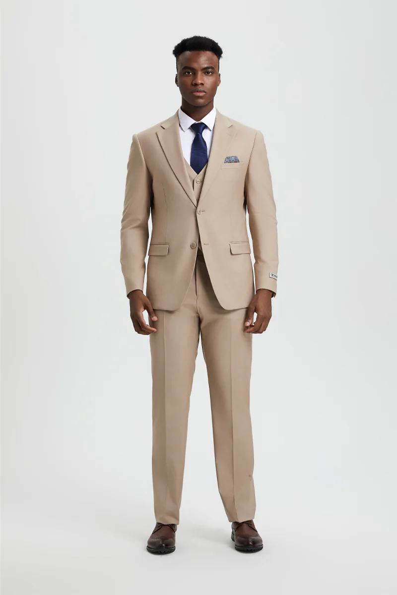 Men's Two Button Vested Stacy Adams Basic Designer Suit in Tan - Image 2