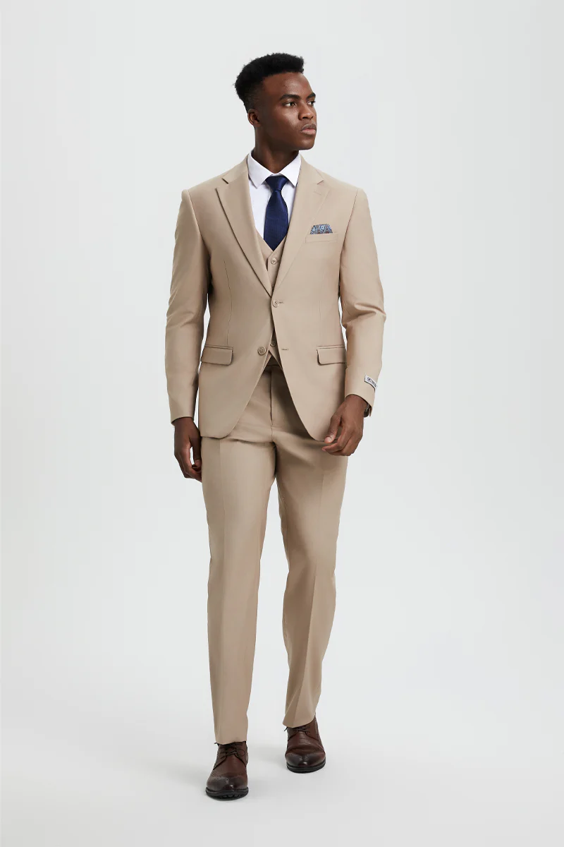 Men's Two Button Vested Stacy Adams Basic Designer Suit in Tan - Image 3
