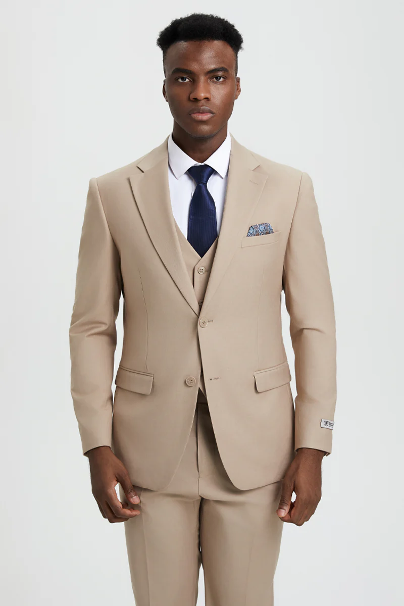 Men's Two Button Vested Stacy Adams Basic Designer Suit in Tan - Image 4