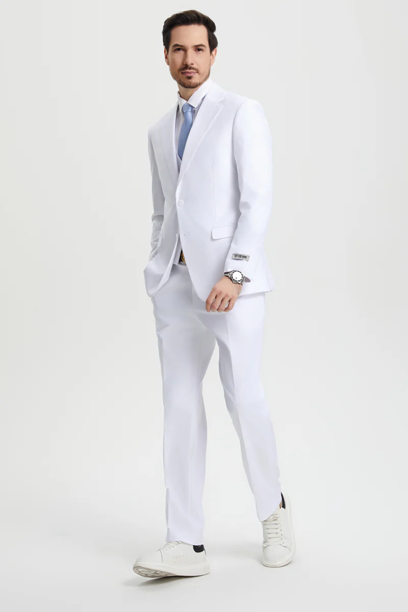 Men's Two Button Vested Stacy Adams Basic Designer Suit in White - Image 3