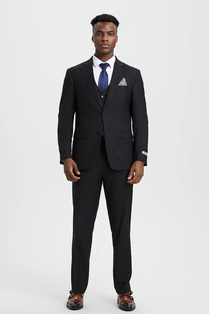 Men's Two Button Vested Stacy Adams Designer Basic Suit in Black - Image 2