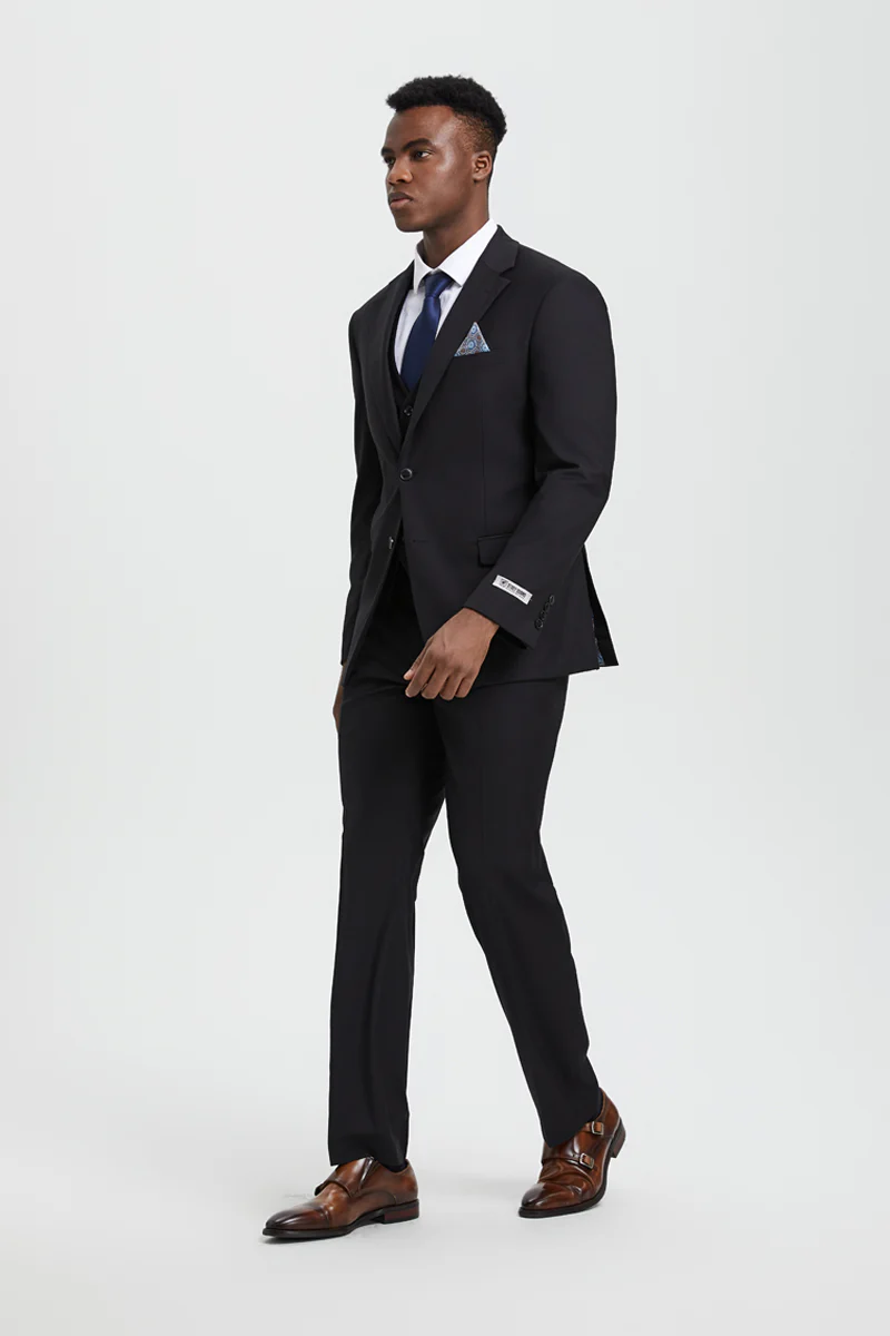 Men's Two Button Vested Stacy Adams Designer Basic Suit in Black - Image 3