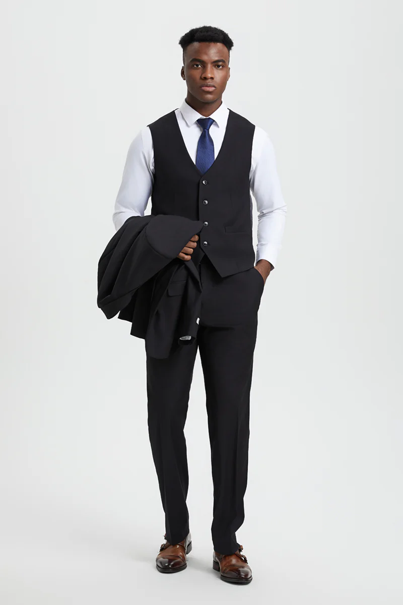 Men's Two Button Vested Stacy Adams Designer Basic Suit in Black - Image 4