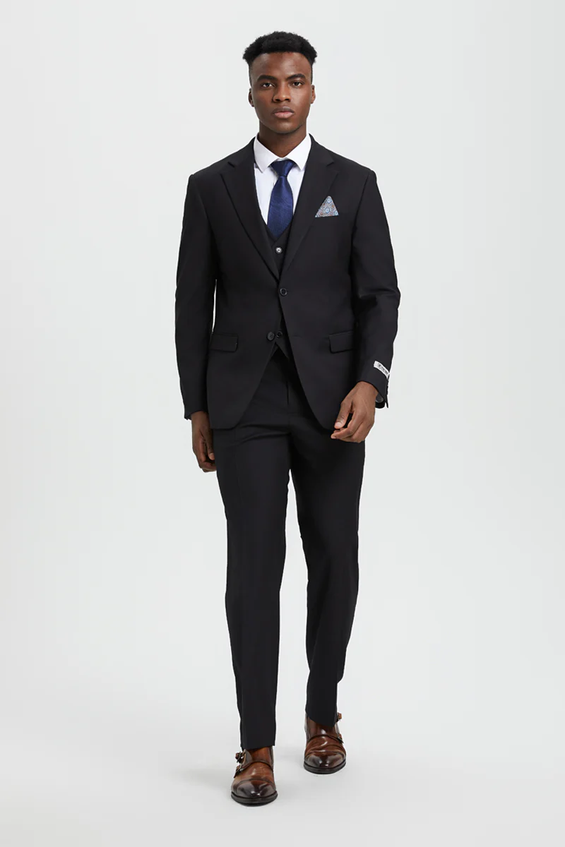 Men's Two Button Vested Stacy Adams Designer Basic Suit in Black - Image 5