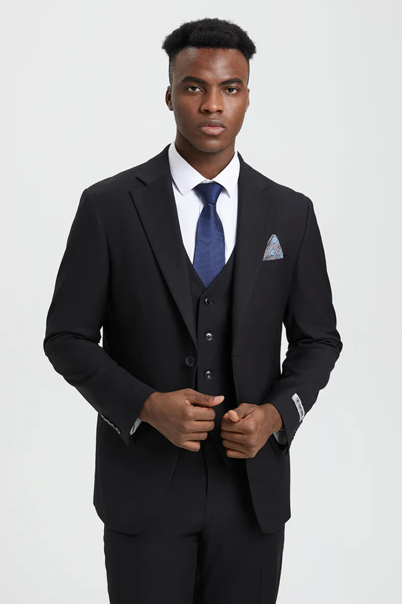 Men's Two Button Vested Stacy Adams Designer Basic Suit in Black - Image 7