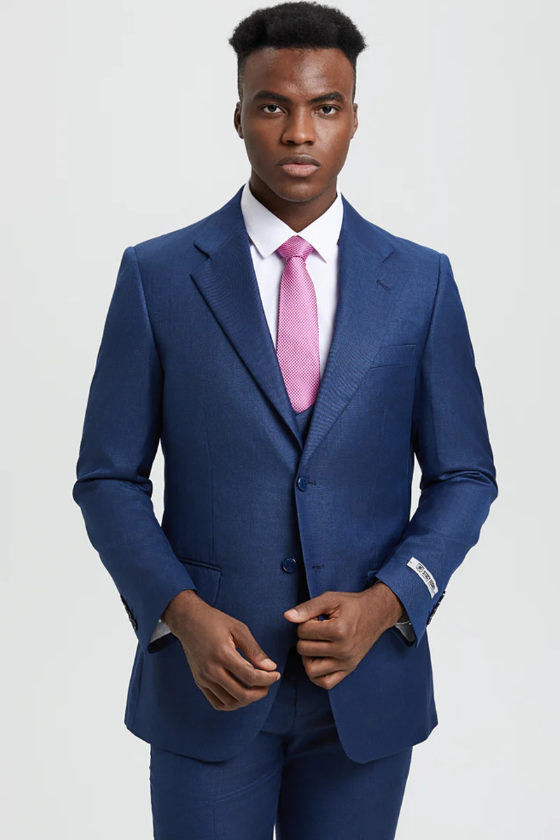 Men's Two Button Vested Stacy Adams Designer Sharkskin Suit in Blue