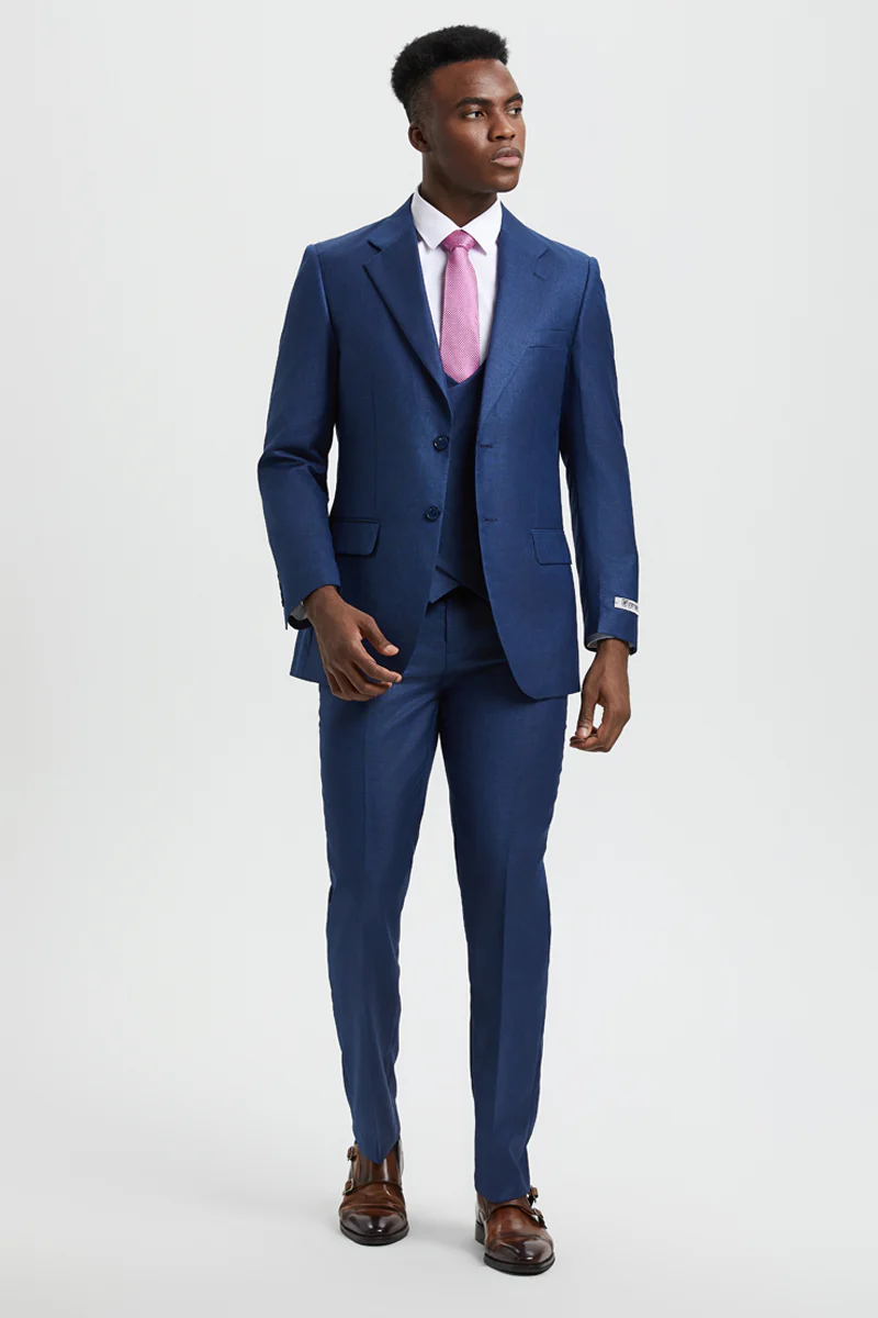 Men's Two Button Vested Stacy Adams Designer Sharkskin Suit in Blue - Image 2