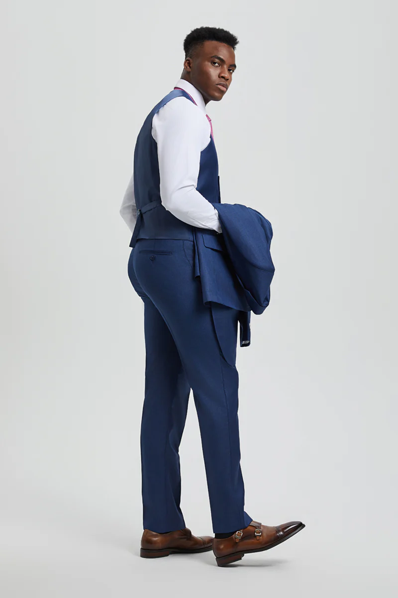 Men's Two Button Vested Stacy Adams Designer Sharkskin Suit in Blue - Image 4