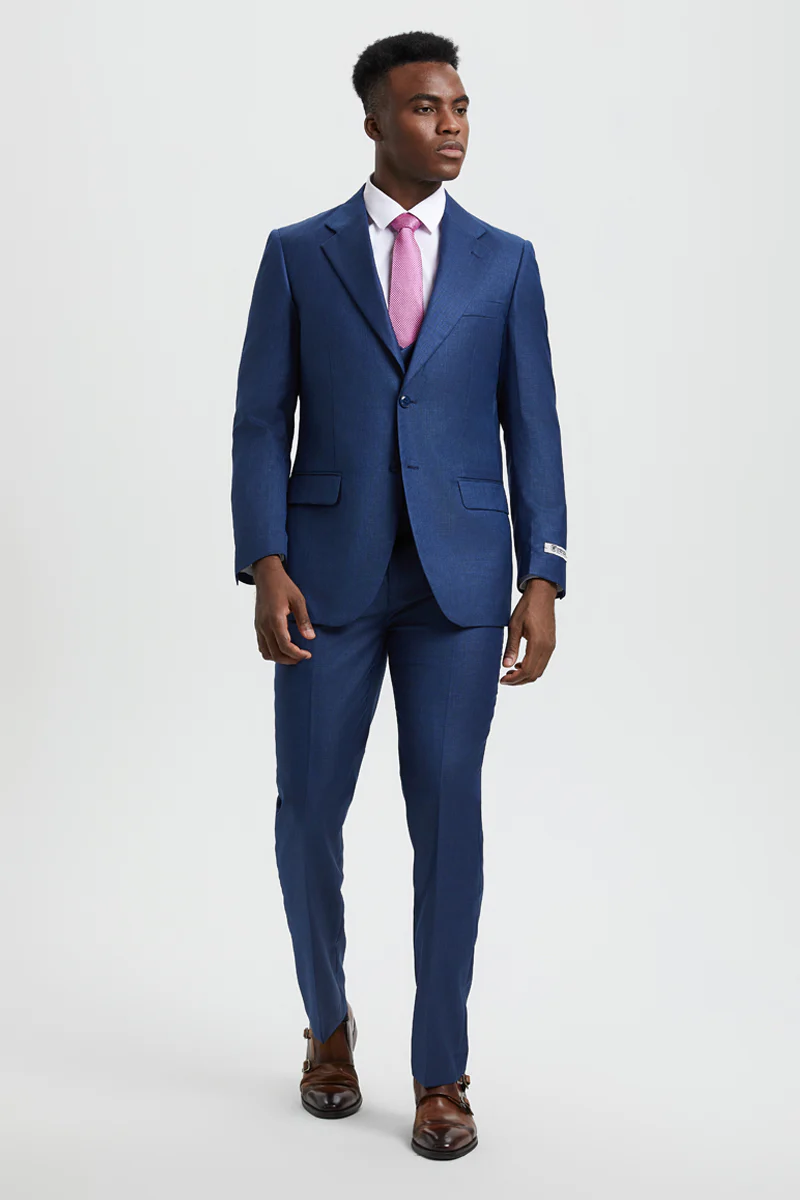 Men's Two Button Vested Stacy Adams Designer Sharkskin Suit in Blue - Image 5