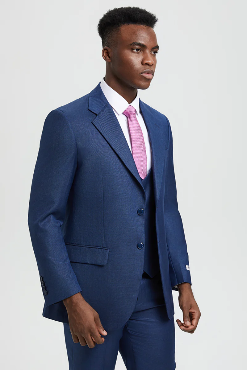 Men's Two Button Vested Stacy Adams Designer Sharkskin Suit in Blue - Image 6