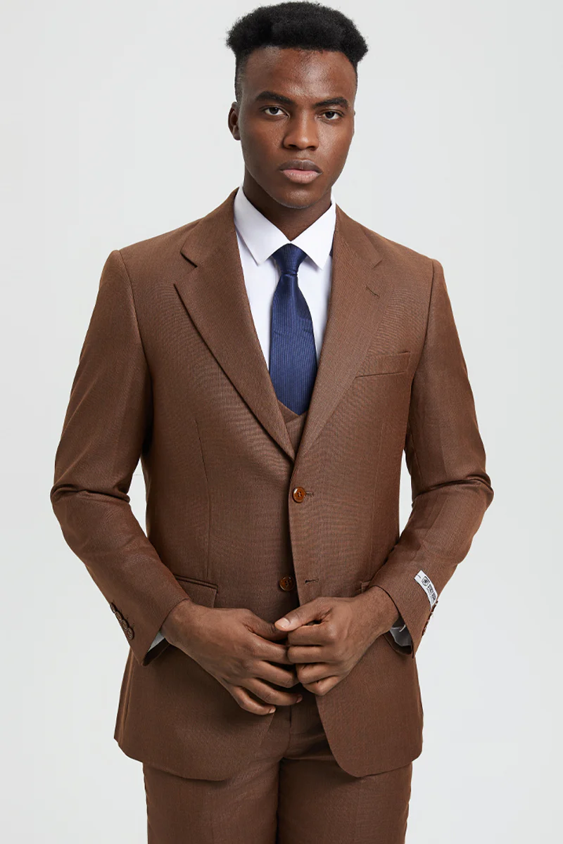Men's Two Button Vested Stacy Adams Designer Sharkskin Suit in Cognac