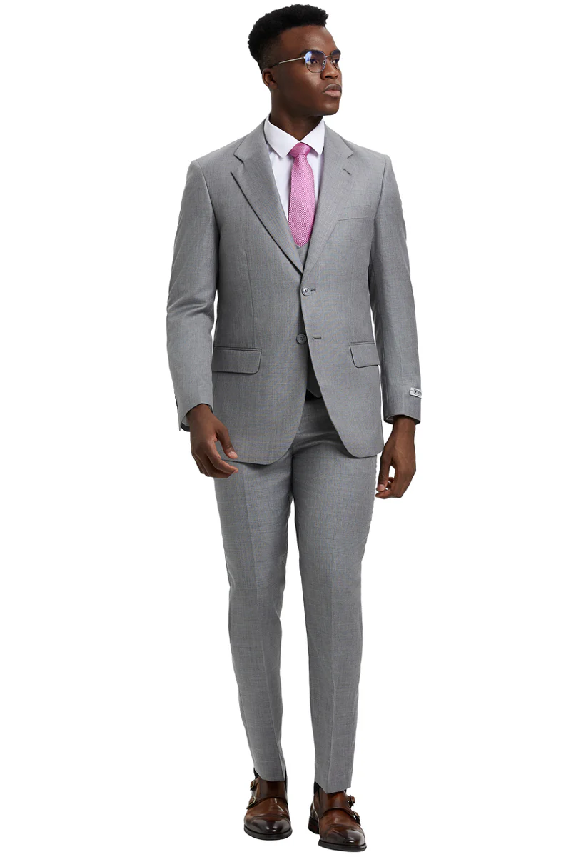 Men's Two Button Vested Stacy Adams Designer Sharkskin Suit in Light Grey - Image 2