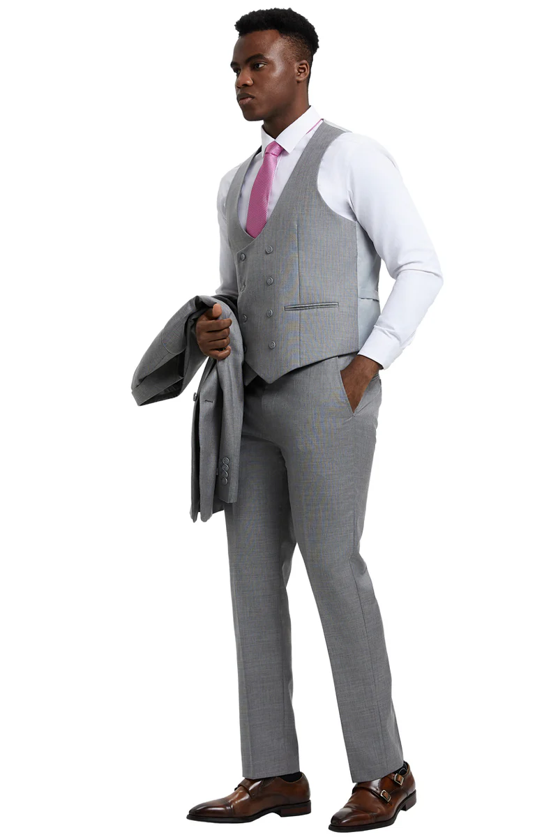 Men's Two Button Vested Stacy Adams Designer Sharkskin Suit in Light Grey - Image 3