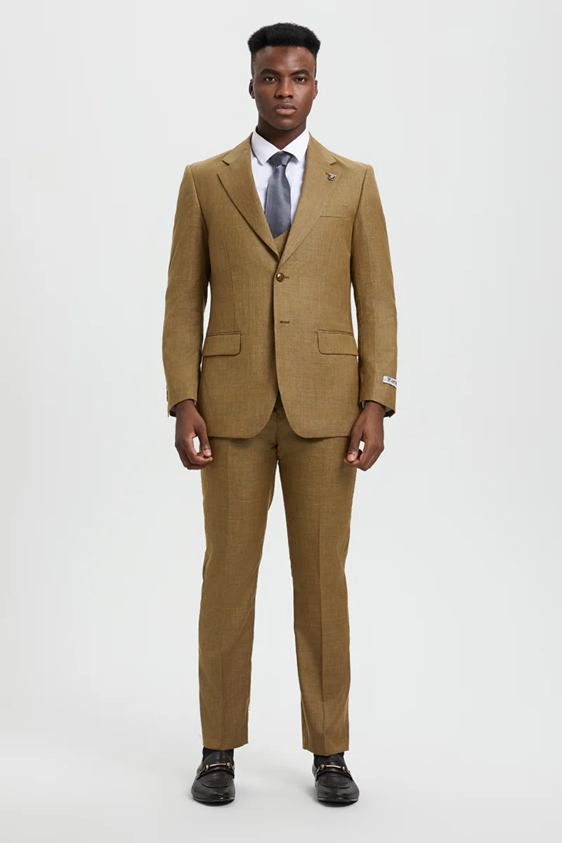 Men's Two Button Vested Stacy Adams Designer Sharkskin Suit in Light Mustard - Image 2