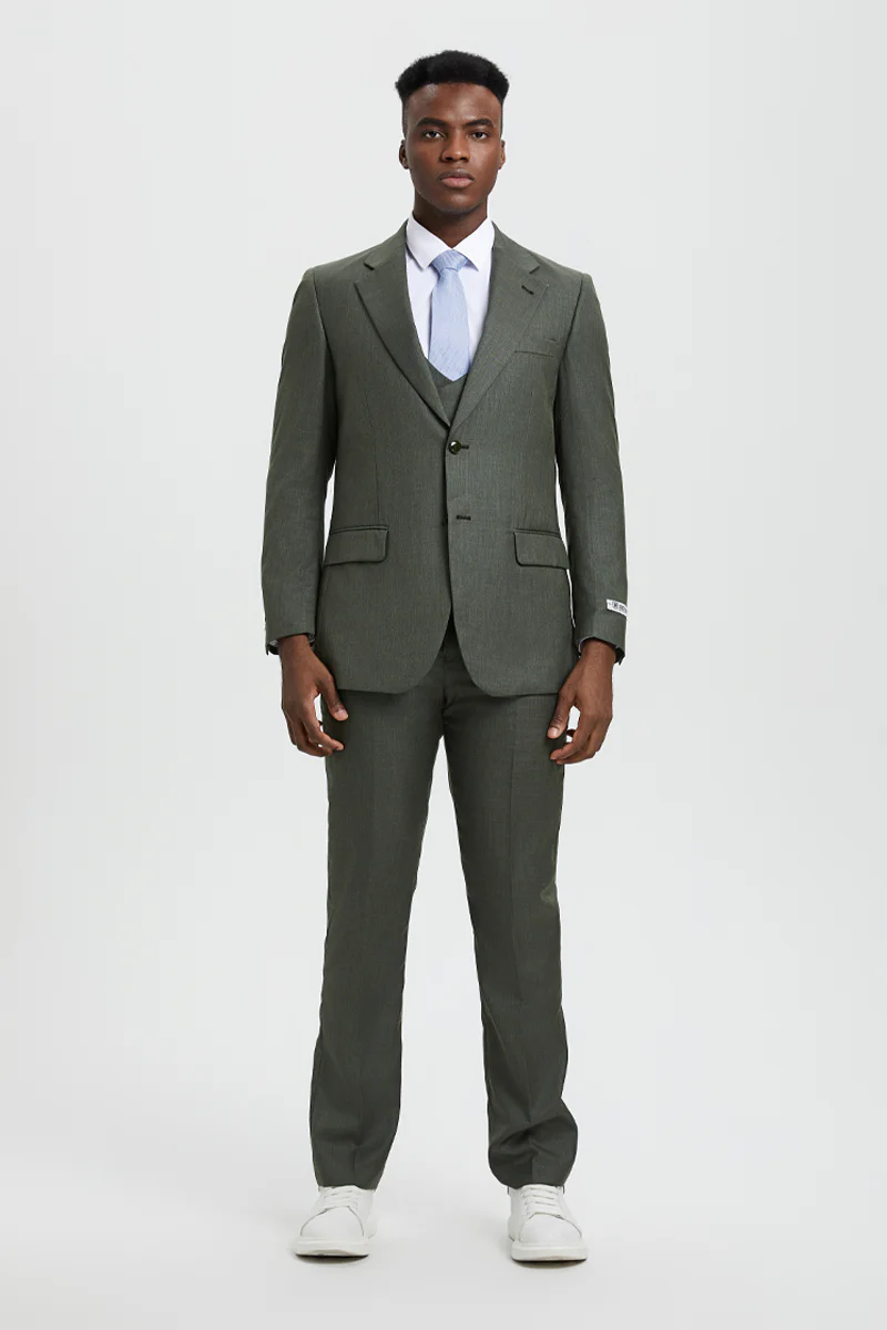 Men's Two Button Vested Stacy Adams Designer Sharkskin Suit in Olive Green - Image 2