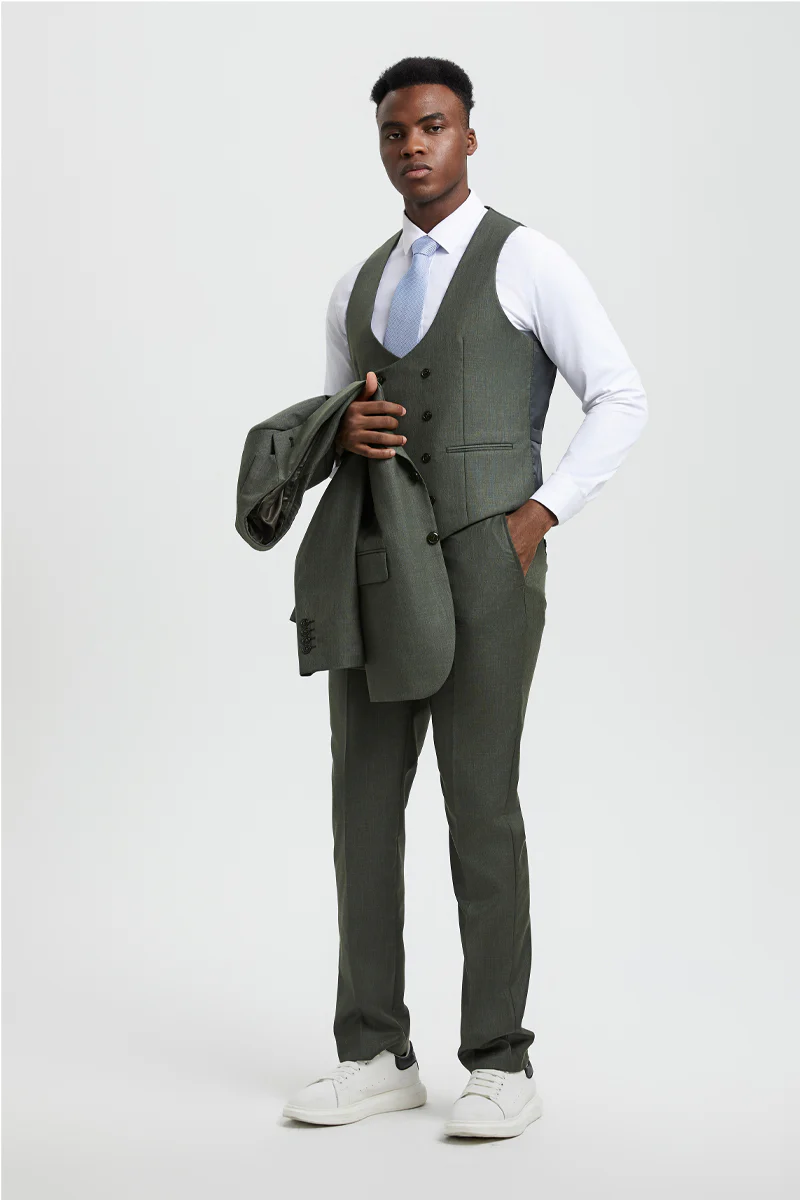 Men's Two Button Vested Stacy Adams Designer Sharkskin Suit in Olive Green - Image 3