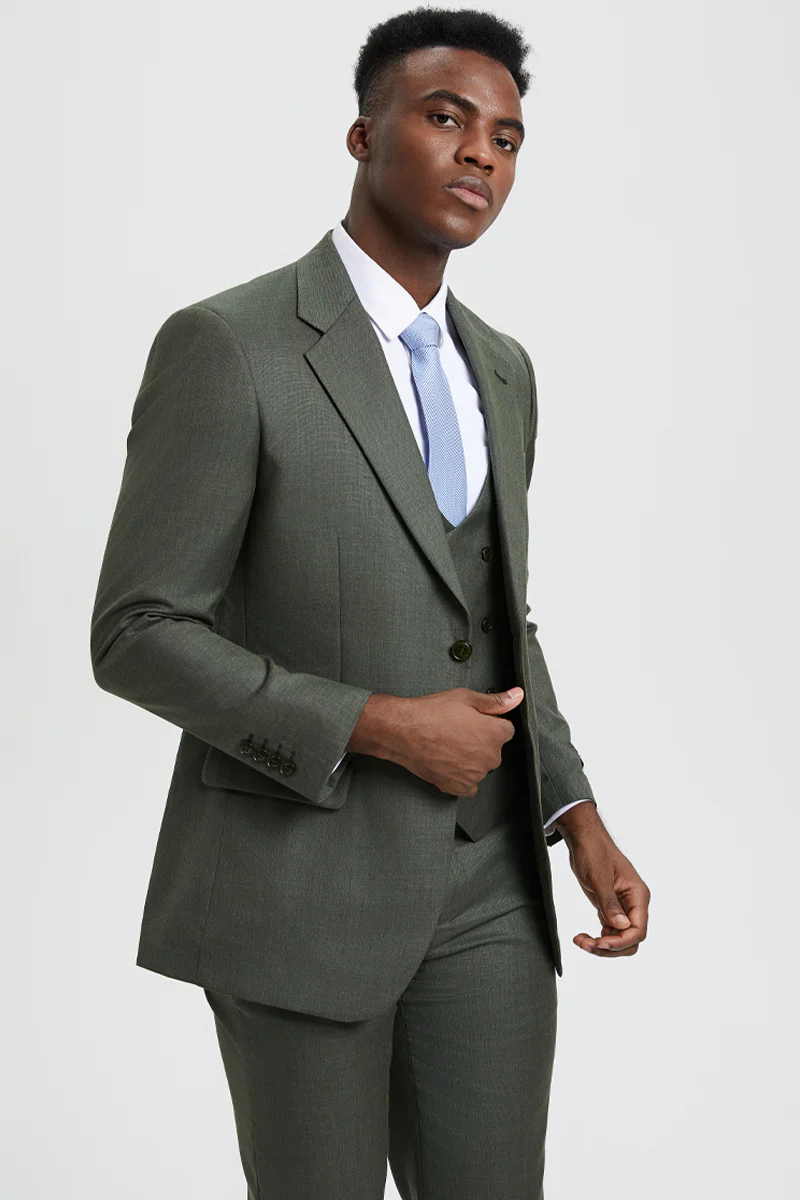 Men's Two Button Vested Stacy Adams Designer Sharkskin Suit in Olive Green - Image 5