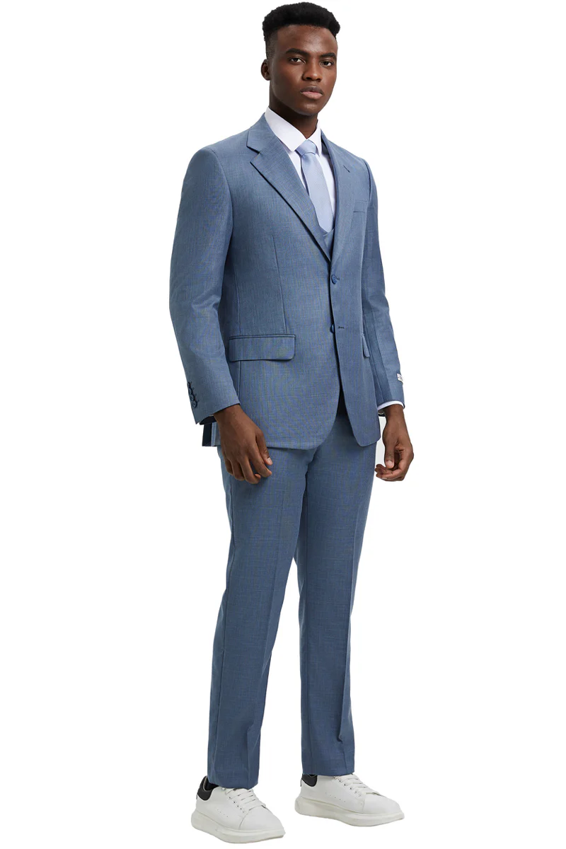 Men's Two Button Vested Stacy Adams Designer Sharkskin Suit in Steel Light Blue - Image 2