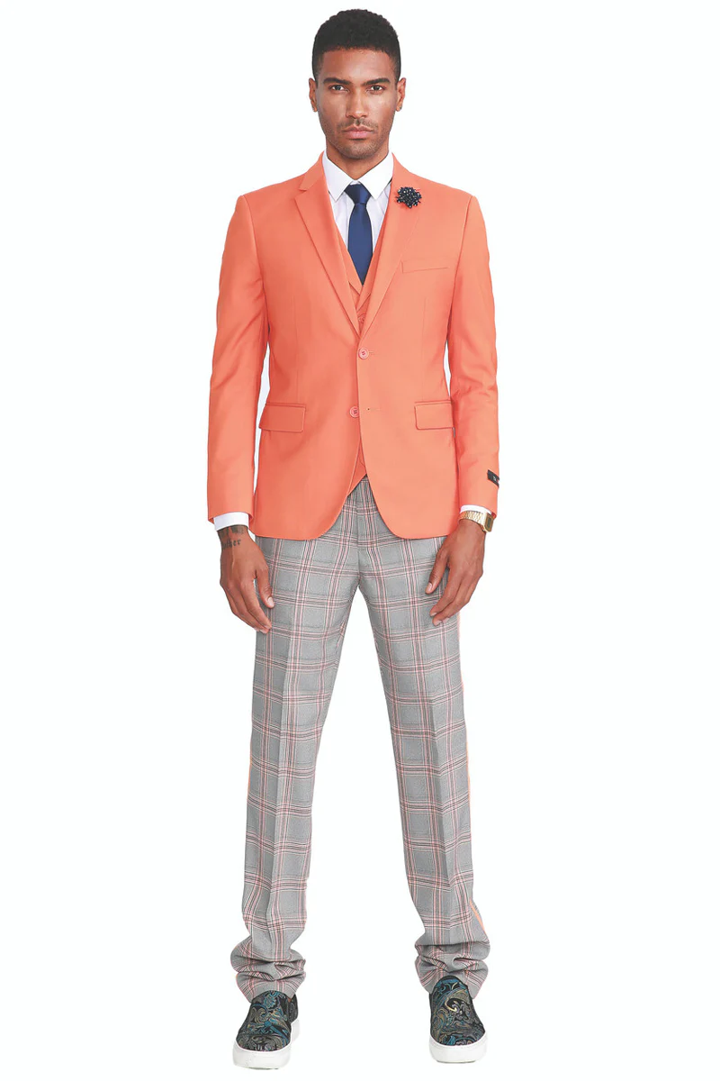 Men's Two Button Vested Summer Suit in Orange with Grey & Orange Plaid Pants - Image 2