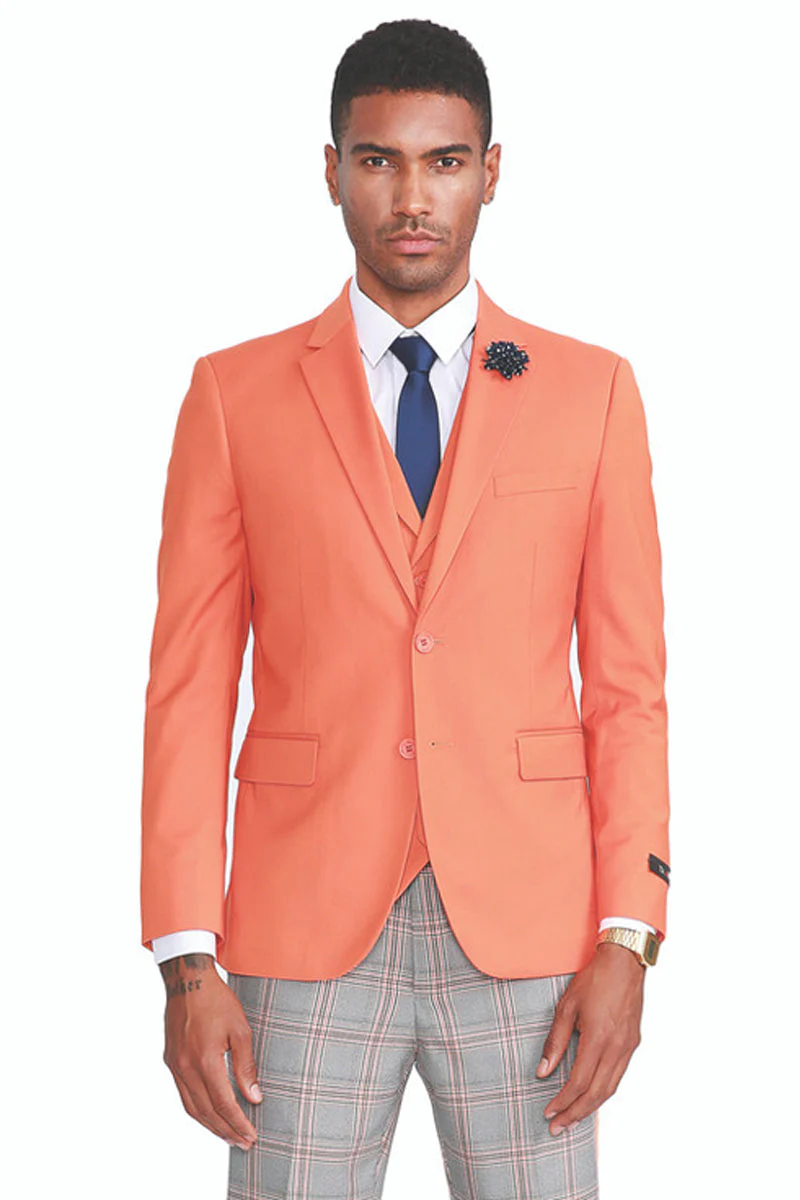 Men's Two Button Vested Summer Suit in Orange with Grey & Orange Plaid Pants | CLOSE OUT 40R