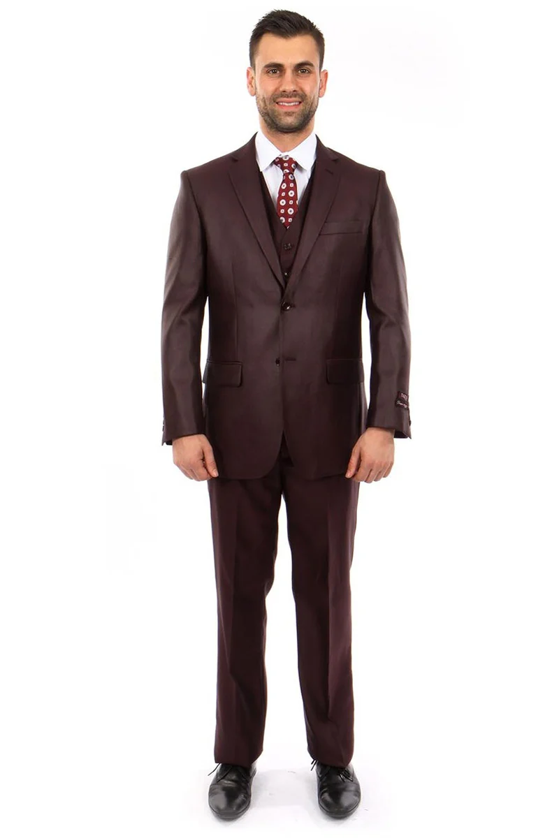 Men's Two Button Vested Textured Sharkskin Business Suit in Burgundy - Image 2