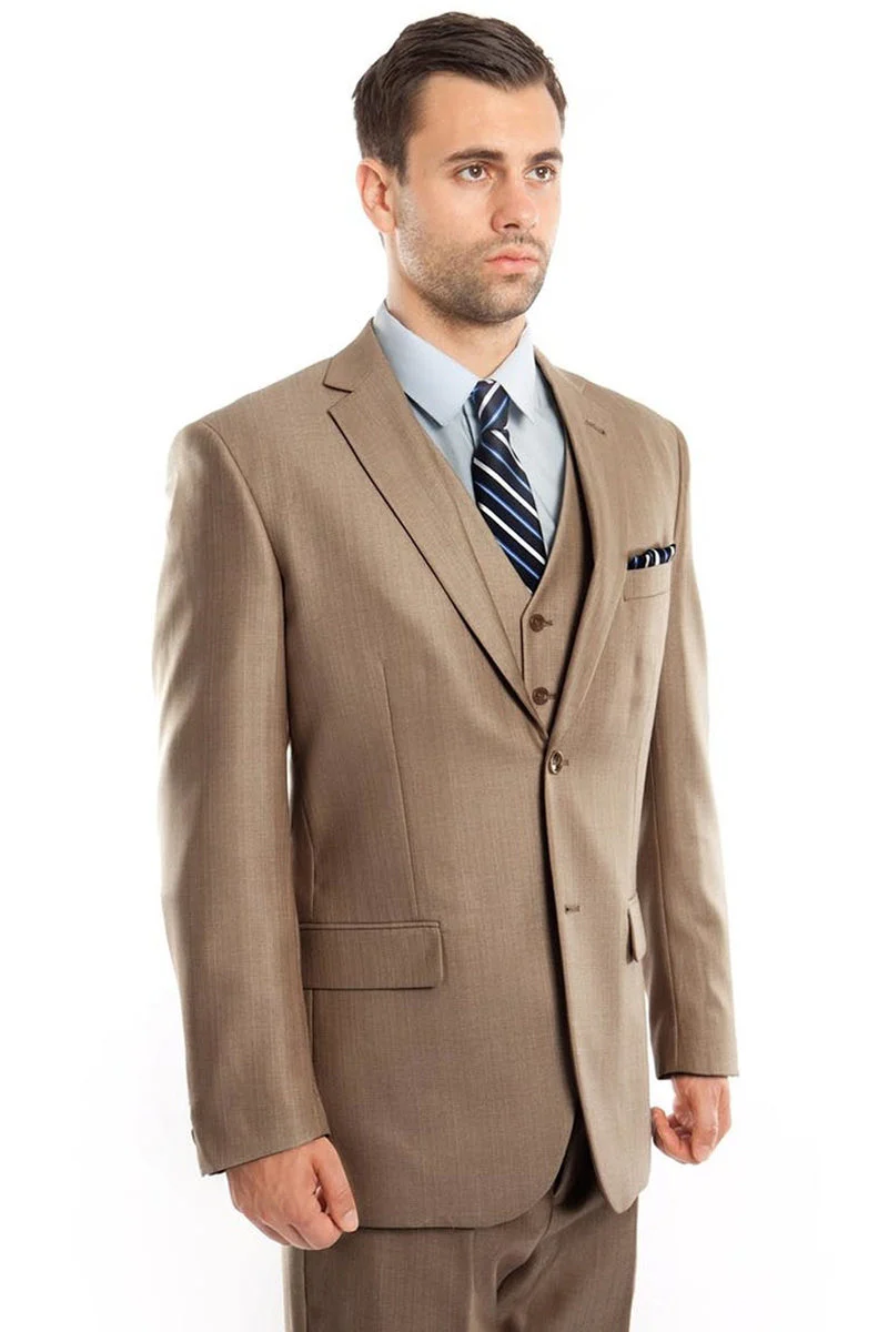 Men's Two Button Vested Textured Sharkskin Business Suit in Dark Tan | CLOSE OUT 42R 44R