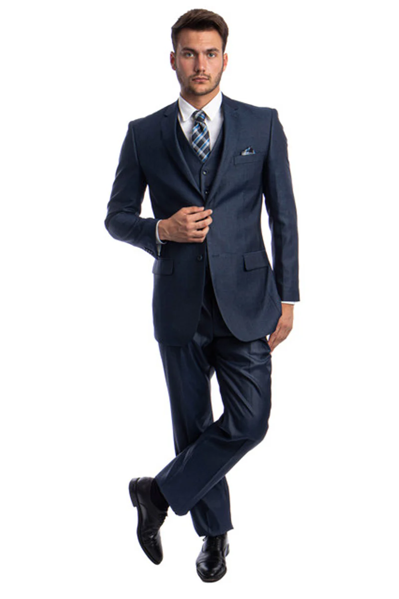 Men's Two Button Vested Textured Sharkskin Business Suit in Navy Blue - Image 2