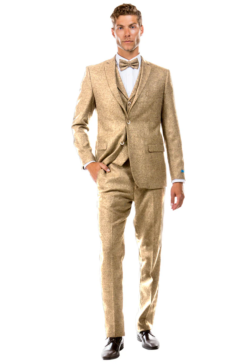 Men's Two Button Vested Vintage Style Tweed Wedding Suit in Beige - Image 2