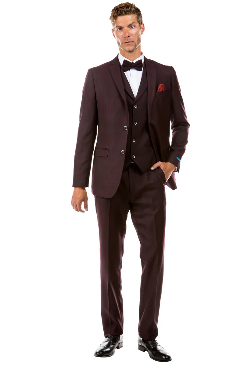 Men's Two Button Vested Vintage Style Tweed Wedding Suit in Burgundy - Image 2