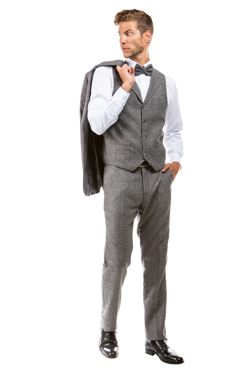 Men's Two Button Vested Vintage Style Tweed Wedding Suit in Grey - Image 3