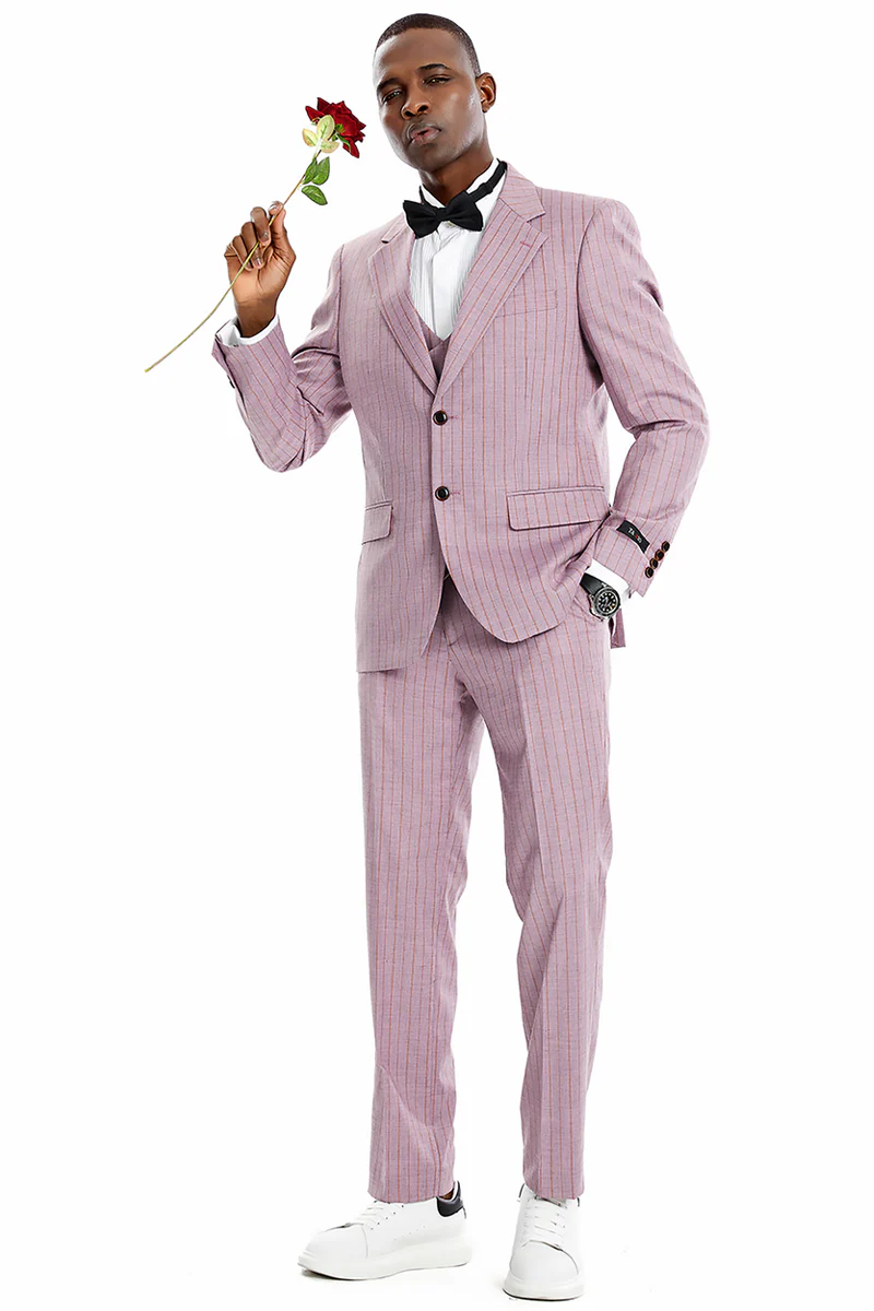 Men's Two Button Vested Wide Notch Lapel Vintage Style Pinstripe Suit in Dusty Rose Pink - Image 2