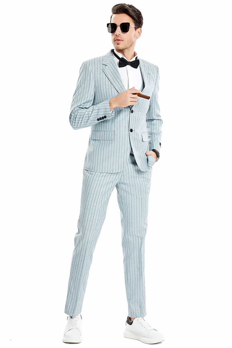 Men's Two Button Vested Wide Notch Lapel Vintage Style Pinstripe Suit in Mint Grey - Image 2