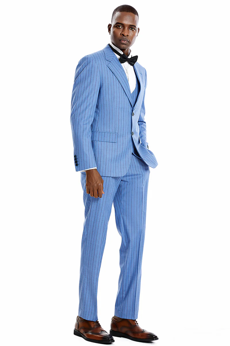 Men's Two Button Vested Wide Notch Lapel Vintage Style Pinstripe Suit in Smoke Blue - Image 2