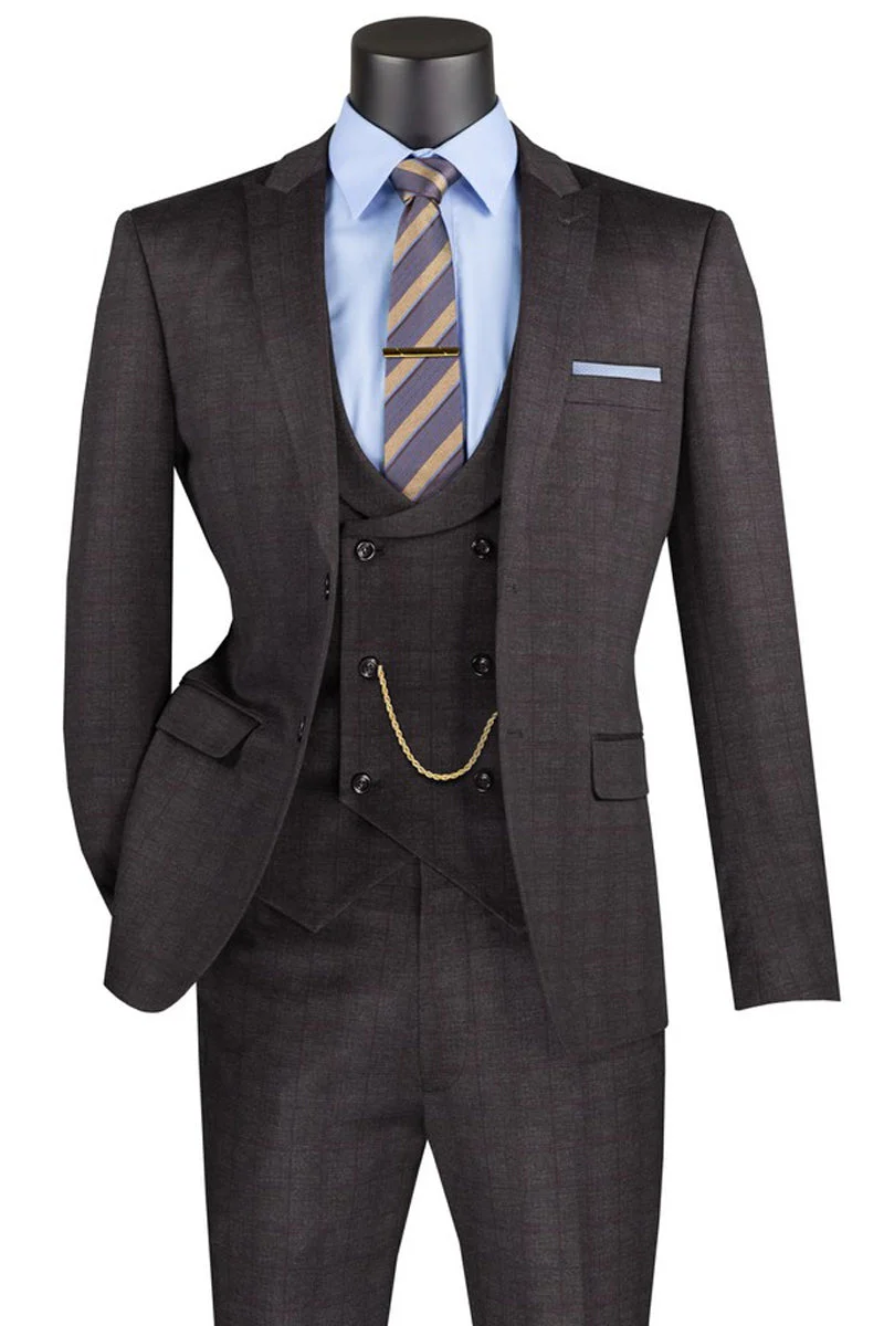 Men's Two Button Vintage Style Slim Fit Vested Plaid Suit in Black