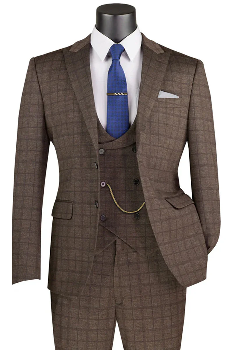 Men's Two Button Vintage Style Slim Fit Vested Plaid Suit in Brown