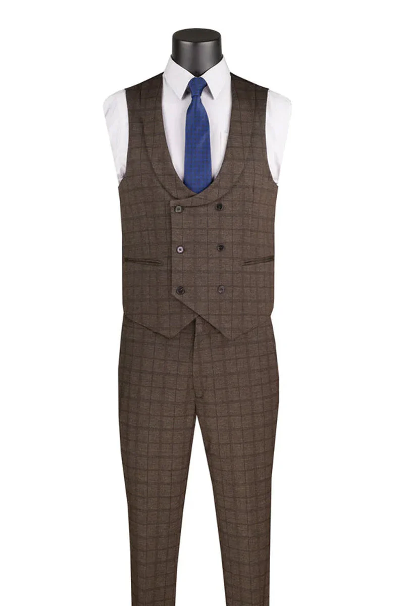 Men's Two Button Vintage Style Slim Fit Vested Plaid Suit in Brown - Image 2