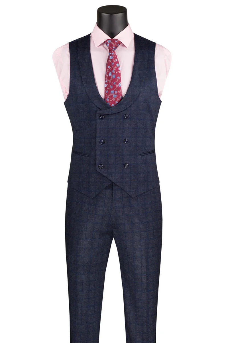 Men's Two Button Vintage Style Slim Fit Vested Plaid Suit in Navy Blue - Image 2