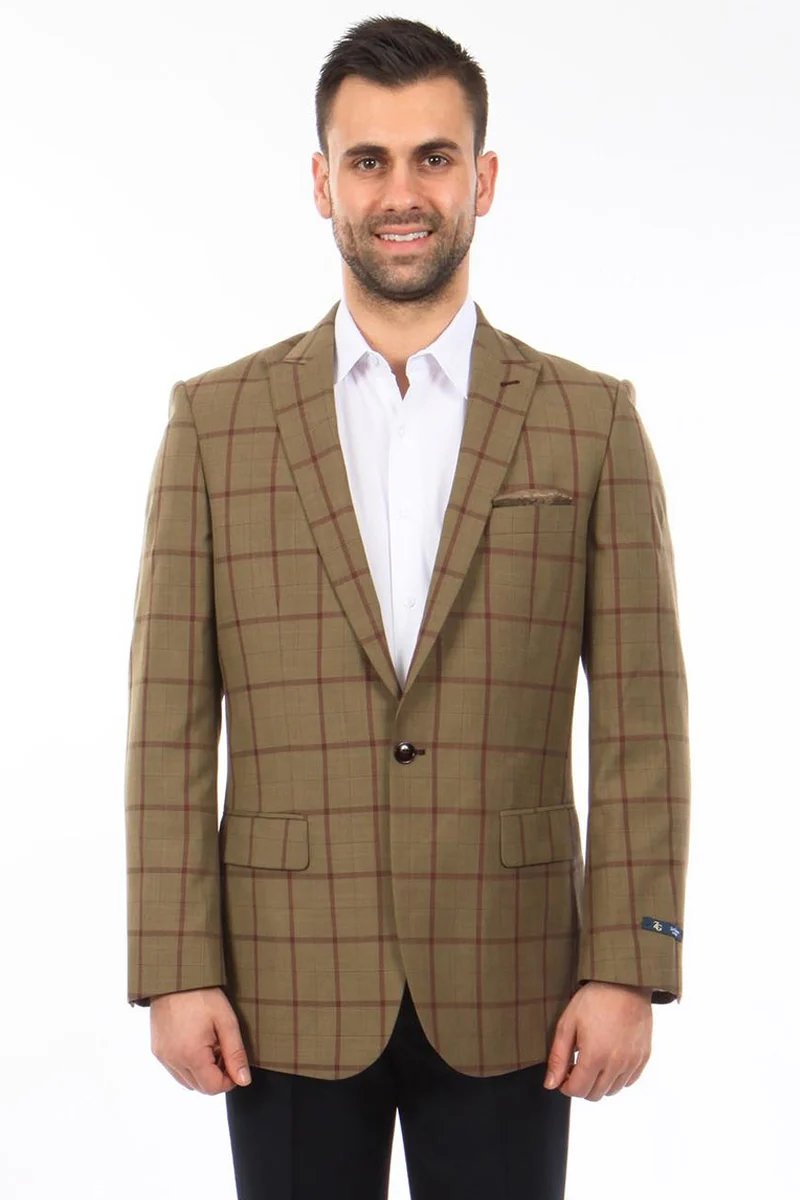 Men's Two Button Windowpane Plaid Sport Coat in Bronze