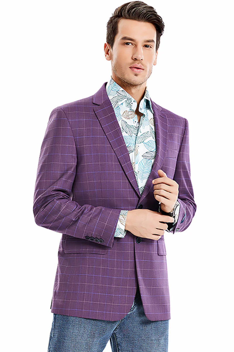 Men's Two ButtonR Fit Windowpane Plaid Sport Coat Blazer in Magenta | CLOSE OUT 48L